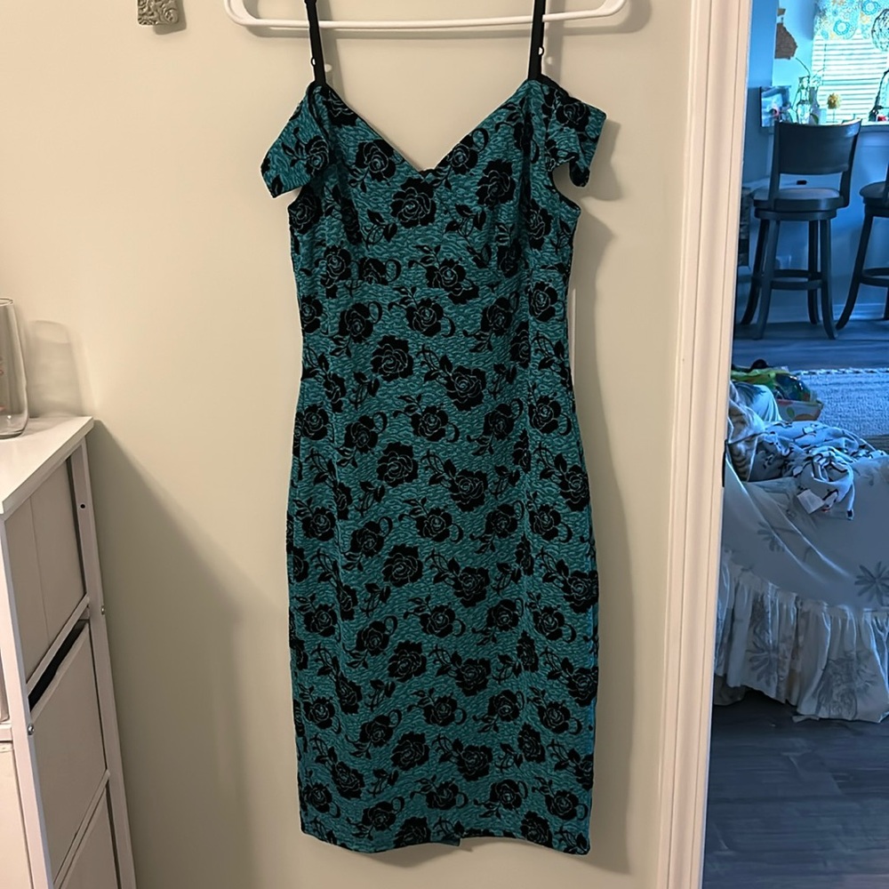 Off shoulder dress Medium teal with black roses and adjustable straps
